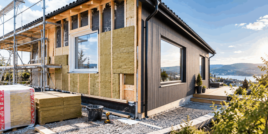 Byggeplass med etterisolering, isolasjonsplater og ny kledning pa hus i Oslo, Prosjektoslo byggeprosjekt