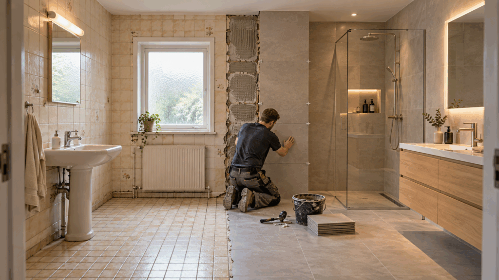 Fliselegger legger nye fliser i bad, for og etter renovering, Prosjektoslo byggeprosjekt i Oslo