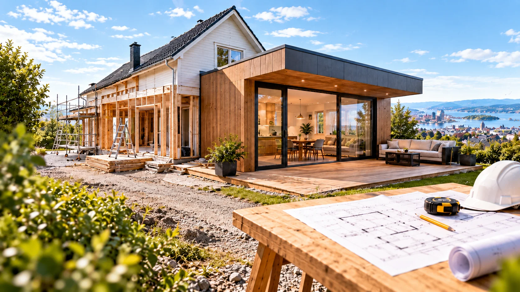 Tilbygg og pabygg pa enebolig med glassfasade og terrasse, utsikt over Oslofjorden, Prosjektoslo byggeprosjekt