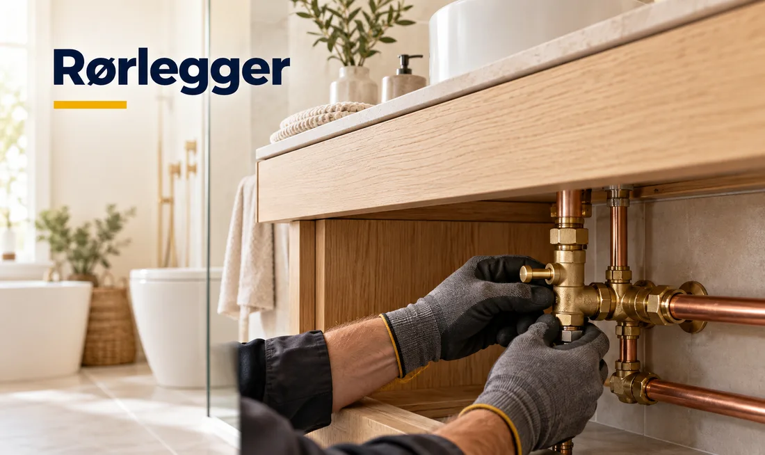 Rørlegger monterer kobberrør og messingkoblinger under baderomsbenk