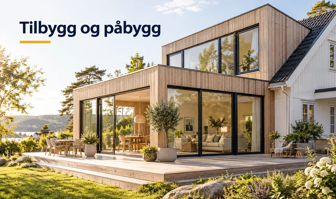 Moderne tilbygg og påbygg i tre med store glassfelt